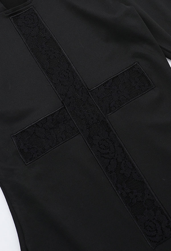 Gothic Black Hooded Dress Lace Cross Hollow Patchwork Long Sleeve Dress