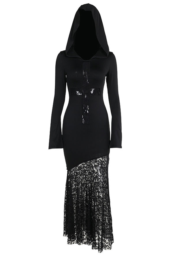 Gothic Black Hooded Dress Lace Cross Hollow Patchwork Long Sleeve Dress