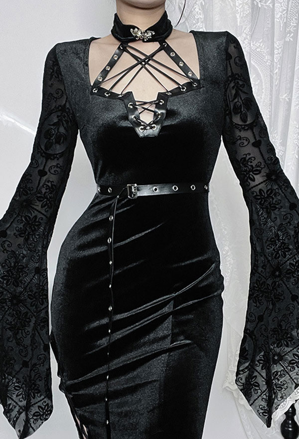 Gothic Black Bodycon Dress Velvet Slit Lace-Up Bell Sleeves Dress