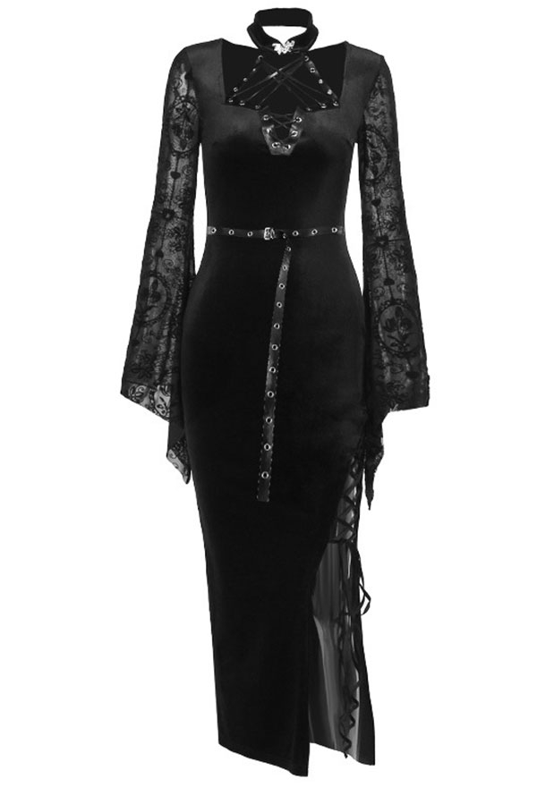 Gothic Black Bodycon Dress Velvet Slit Lace-Up Bell Sleeves Dress