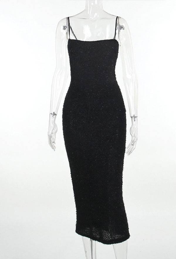 Elegant Slim-fitting BlackGothic Dress with Spaghetti Straps and Open Back