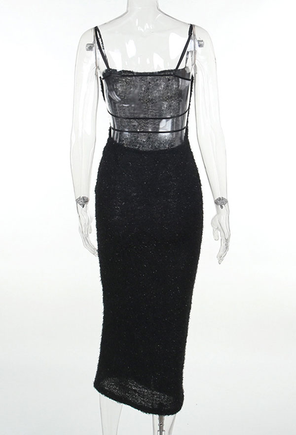 Elegant Slim-fitting BlackGothic Dress with Spaghetti Straps and Open Back