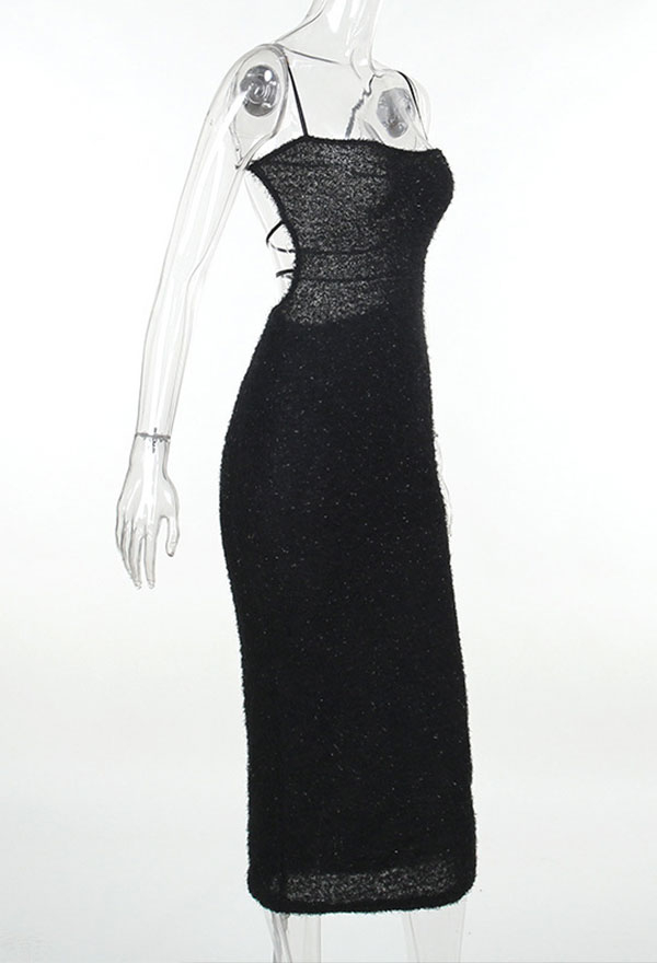 Elegant Slim-fitting BlackGothic Dress with Spaghetti Straps and Open Back