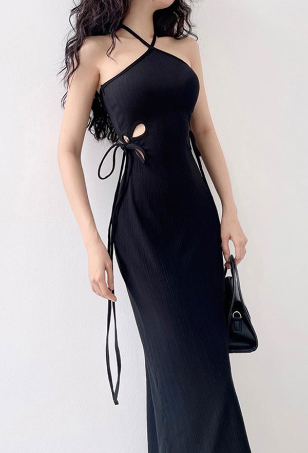 Gothic Black Dress Lace-Up Halter Dress Waist Hollow Dress