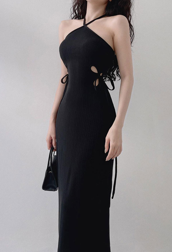 Gothic Black Dress Lace-Up Halter Dress Waist Hollow Dress