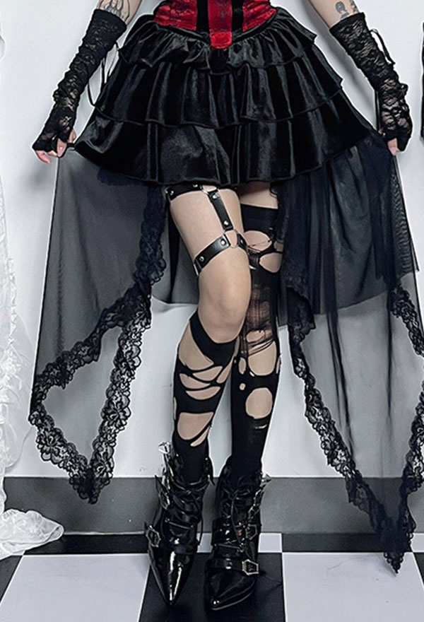 Gothic Black Half Skirt Mesh Tailing Velvet Skirt