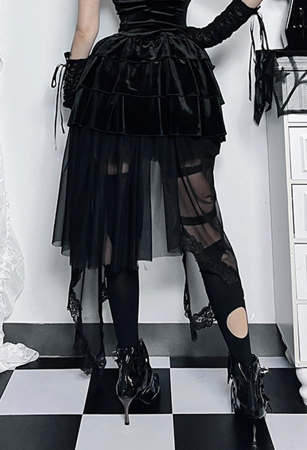 Gothic Black Half Skirt Mesh Tailing Velvet Skirt