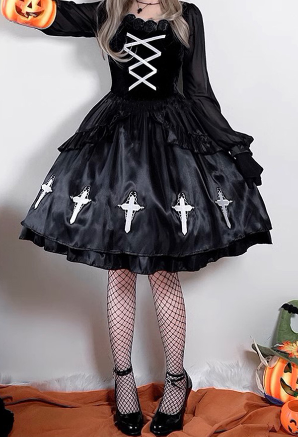 Gothic Halloween Black Dress Dark Little Devil Dress with Headband Choker