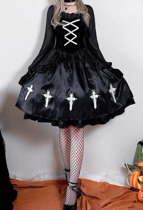 Gothic Halloween Black Dress Dark Little Devil Dress with Headband Choker