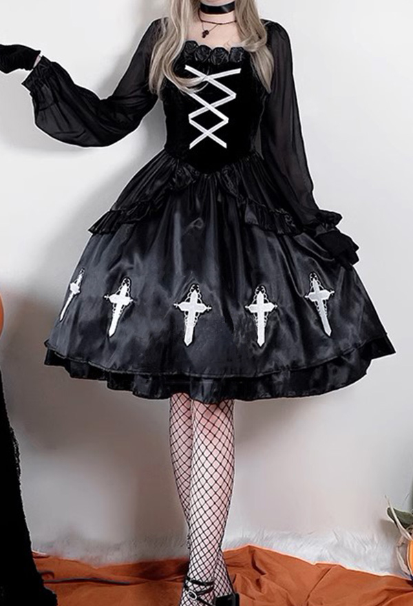 Gothic Halloween Black Dress Dark Little Devil Dress with Headband Choker