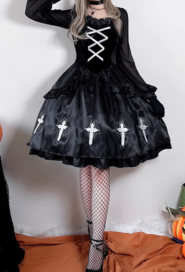 Gothic Halloween Black Dress Dark Little Devil Dress with Headband Choker