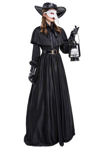 Gothic Punk Medieval Black Dress Halloween Plague Doctor Costume with Hat Mask