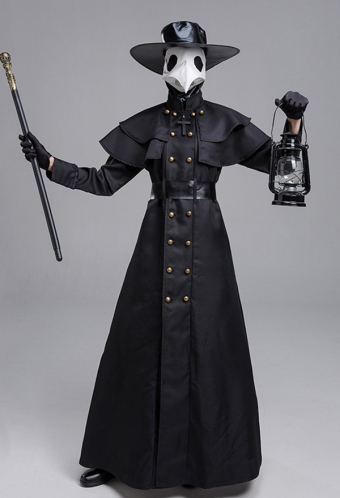 Gothic Medieval Black Dress Halloween Punk Plague Doctor Costume with Hat Mask