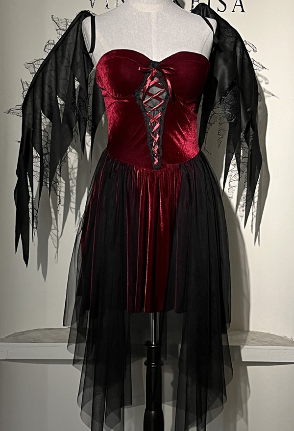 Gothic Devil Dress Halloween Dress with Wings Headband Choker