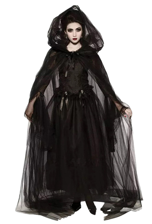 Gothic Black Halloween Costume Ghost Bride Vampire Style Dress and Cape with Arm Sleeves