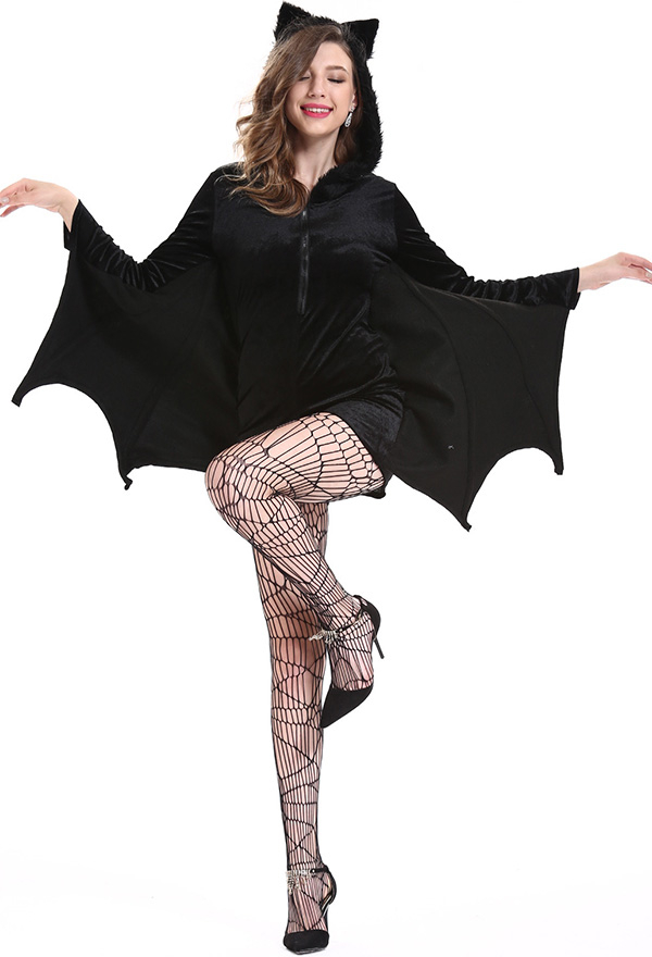 Gothic Black Halloween Bat Witch Costume Plush Bat Uniform Jumpsuit