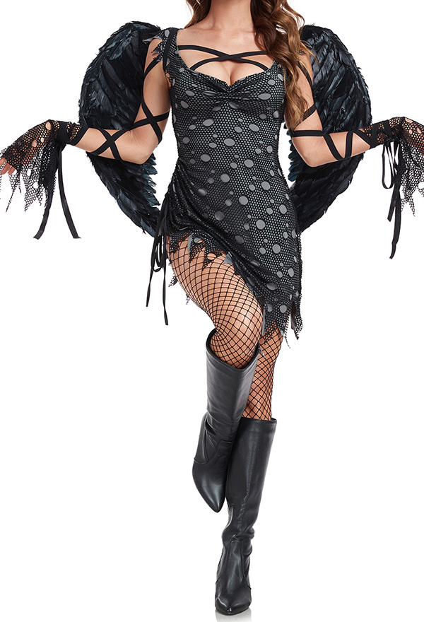 Halloween Gothic Big Wings Black Angel Costume Dress and Wings with Headband Gloves