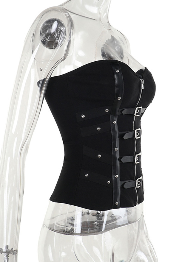 Gothic Black Corset Vest Punk Boned Zipper Leather Buckle Tank Top