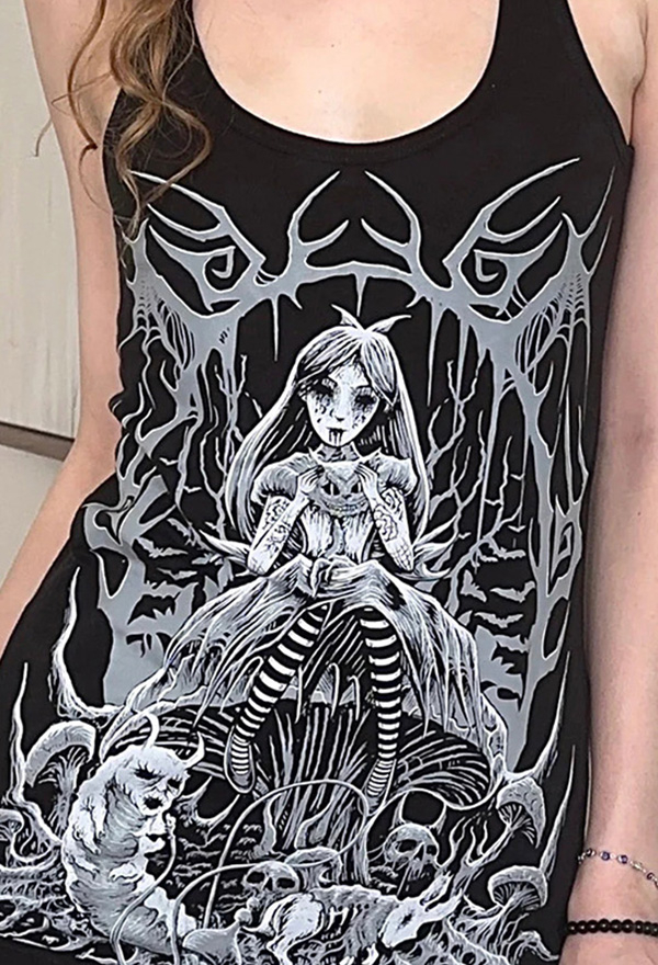 Gothic Black Vest Hot Girl Skull Print Long Tank Top