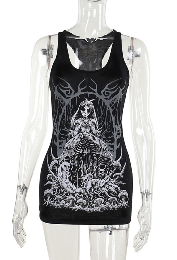 Gothic Black Vest Hot Girl Skull Print Long Tank Top