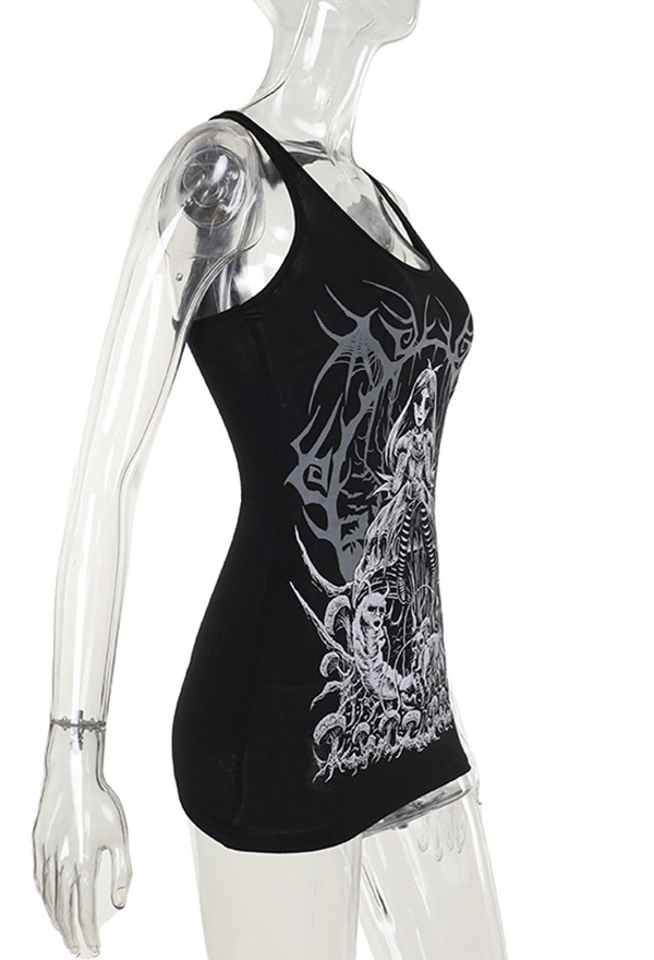 Gothic Black Vest Hot Girl Skull Print Long Tank Top