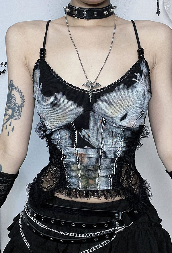 Gothic Black Spaghetti Straps Crop Top Lace Patchwork Printed Cami Top