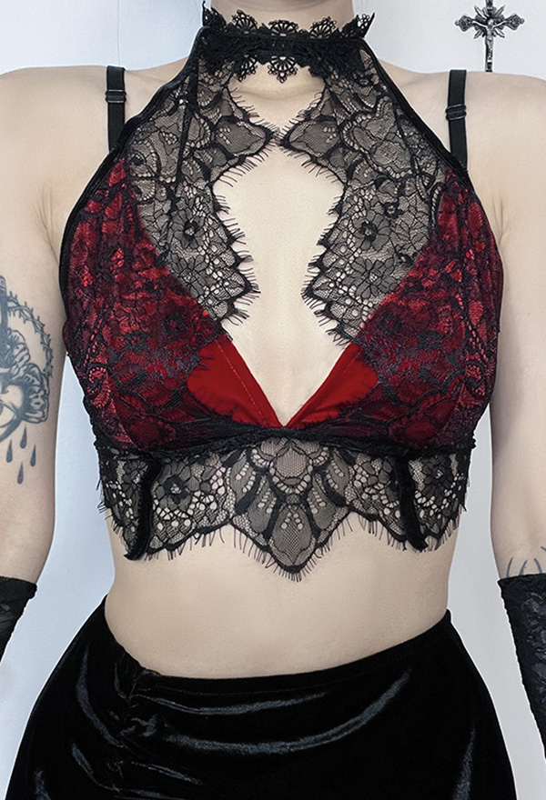 Gothic Black Red Sexy Vest Top Halter Fake Two Piece Lace Tank Top