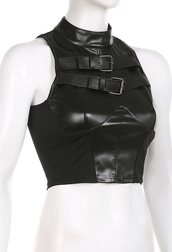 Gothic Black Cyberpunk Style Top Metal Buckle Sleeveless Vest Slim Short Top