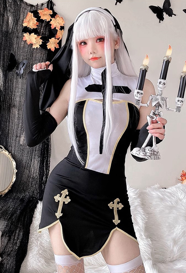 Halloween Black Dress Nun Style Short Dress and Headscarf with Sleeves Cosplay Costume