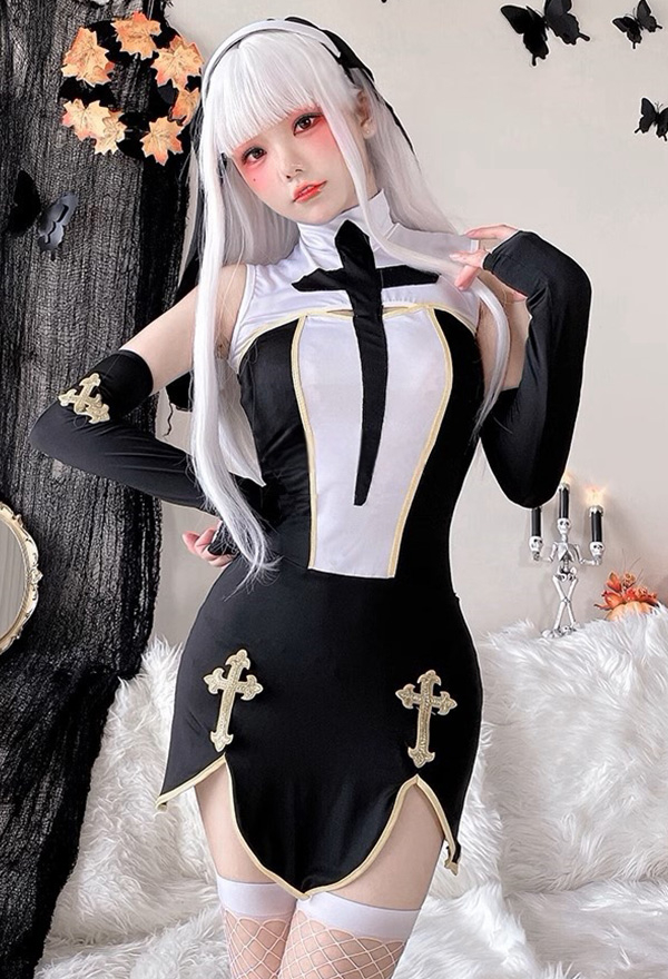 Halloween Black Dress Nun Style Short Dress and Headscarf with Sleeves Cosplay Costume