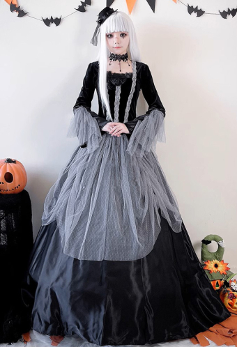 Halloween Gothic Demon Black Long Dress Dark Court Style Dress with Hat Cosplay Costume