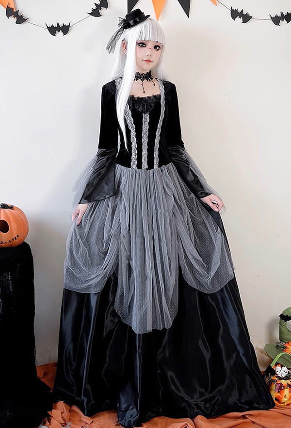 Halloween Gothic Demon Black Long Dress Dark Court Style Dress with Hat Cosplay Costume