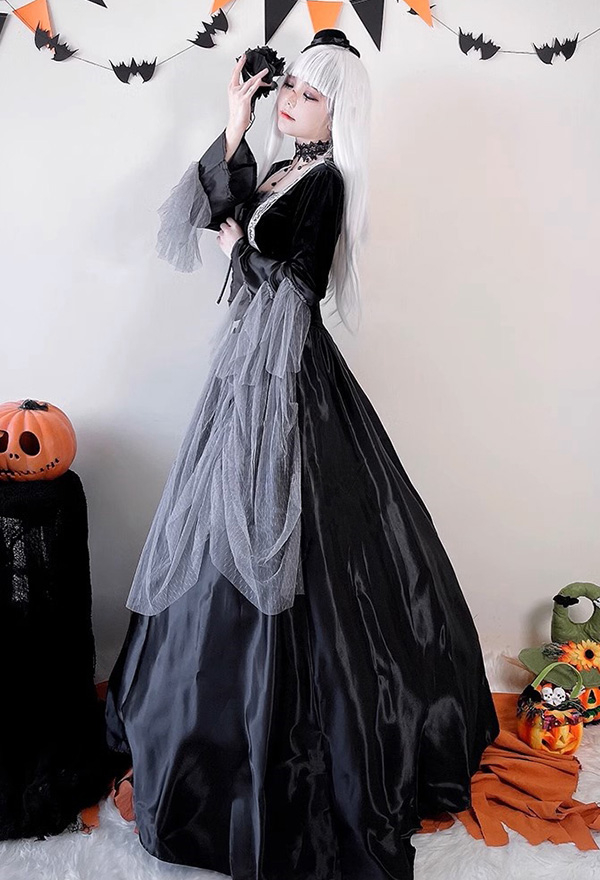 Halloween Gothic Demon Black Long Dress Dark Court Style Dress with Hat Cosplay Costume