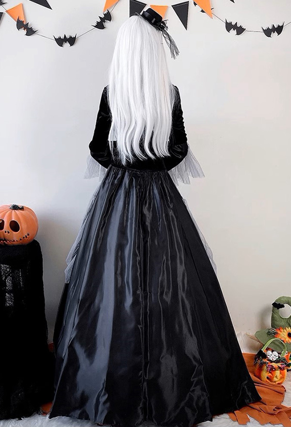 Halloween Gothic Demon Black Long Dress Dark Court Style Dress with Hat Cosplay Costume