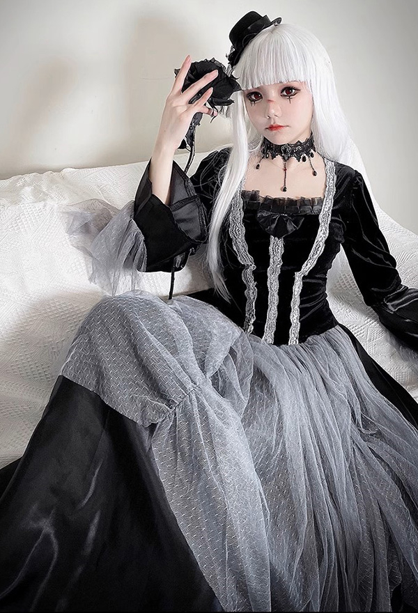 Halloween Gothic Demon Black Long Dress Dark Court Style Dress with Hat Cosplay Costume