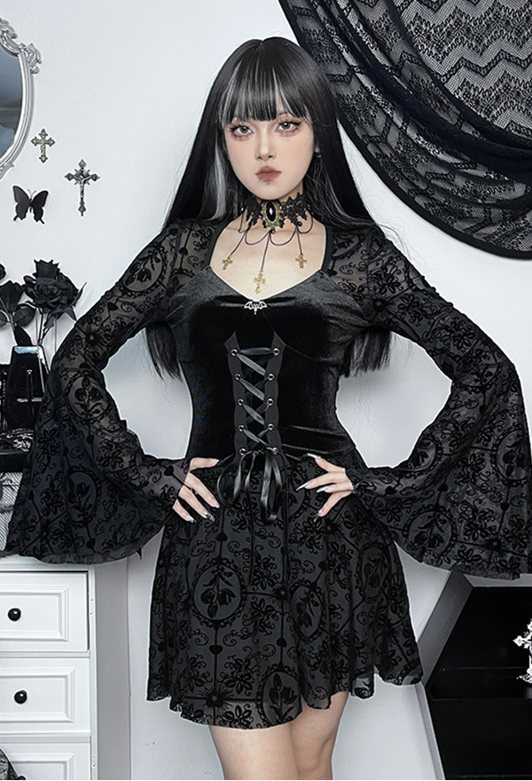 Gothic Black Dress Elegant Slim Vintage Long Sleeve Dress