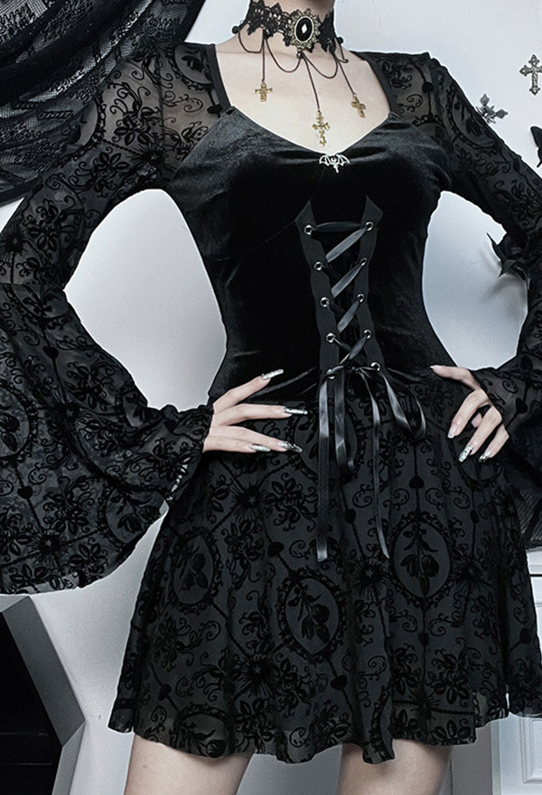 Gothic Black Dress Elegant Slim Vintage Long Sleeve Dress