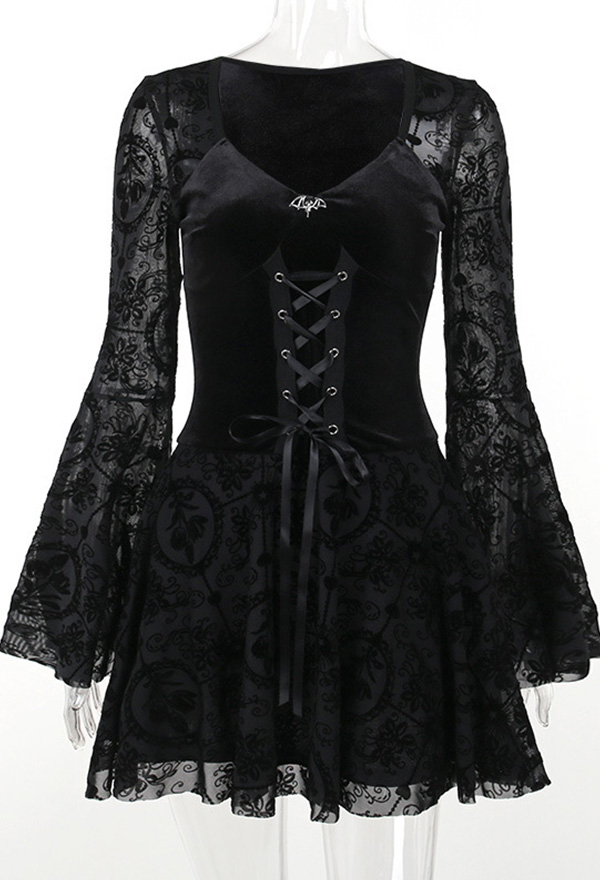 Gothic Black Dress Elegant Slim Vintage Long Sleeve Dress