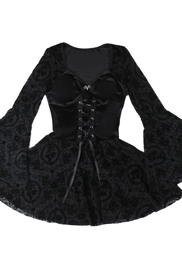 Gothic Black Dress Elegant Slim Vintage Long Sleeve Dress