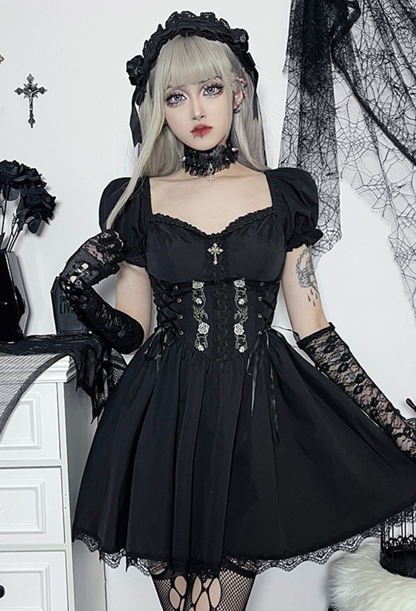 Gothic Black Short Sleeves Dress Strapless Bandage Dress