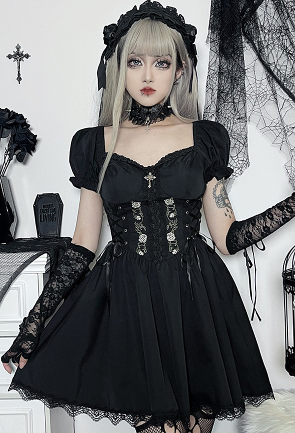 Gothic Black Short Sleeves Dress Strapless Bandage Dress