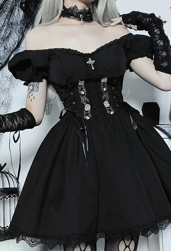 Gothic Black Short Sleeves Dress Strapless Bandage Dress