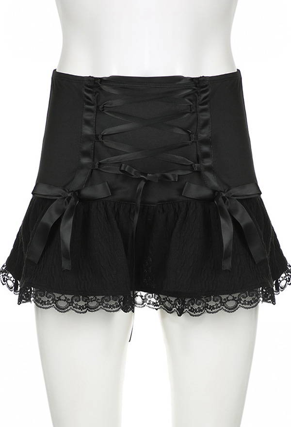 Gothic Black Mini Skirt Dark Style Bandage Bowknot Half Skirt