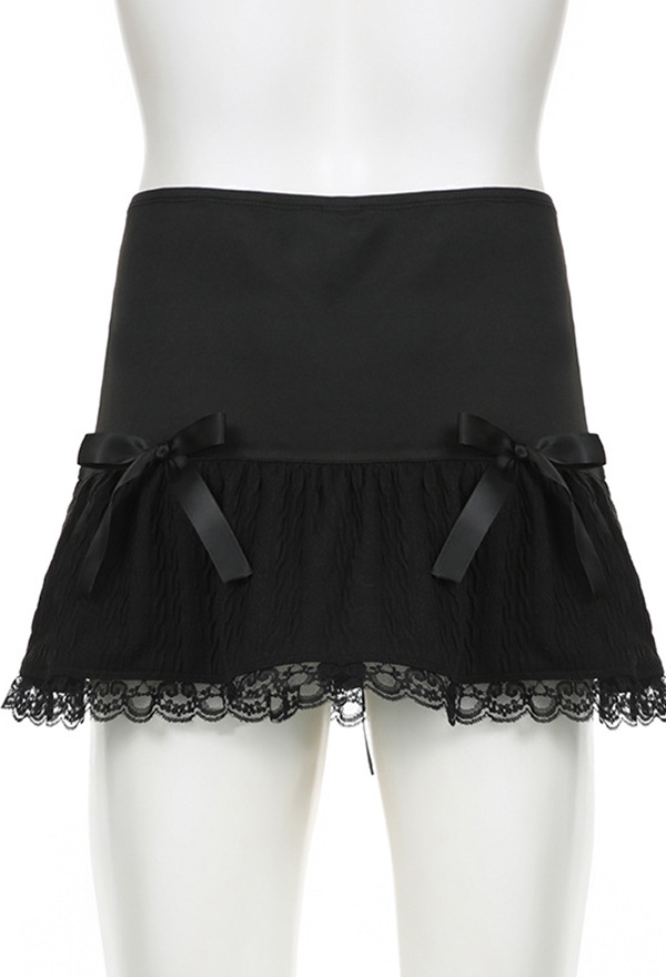 Gothic Black Mini Skirt Dark Style Bandage Bowknot Half Skirt