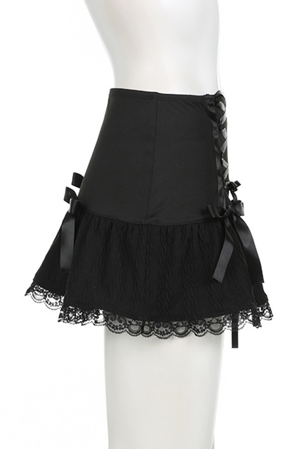 Gothic Black Mini Skirt Dark Style Bandage Bowknot Half Skirt