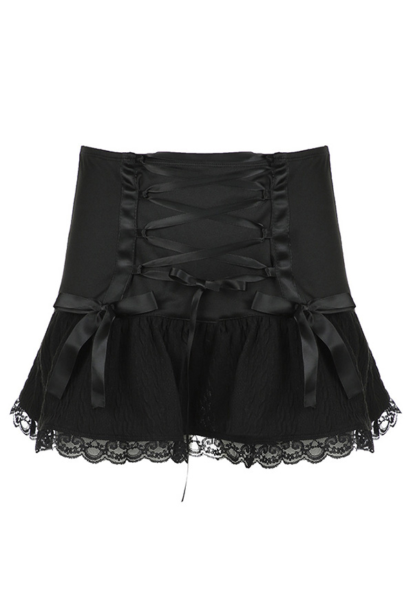 Gothic Black Mini Skirt Dark Style Bandage Bowknot Half Skirt