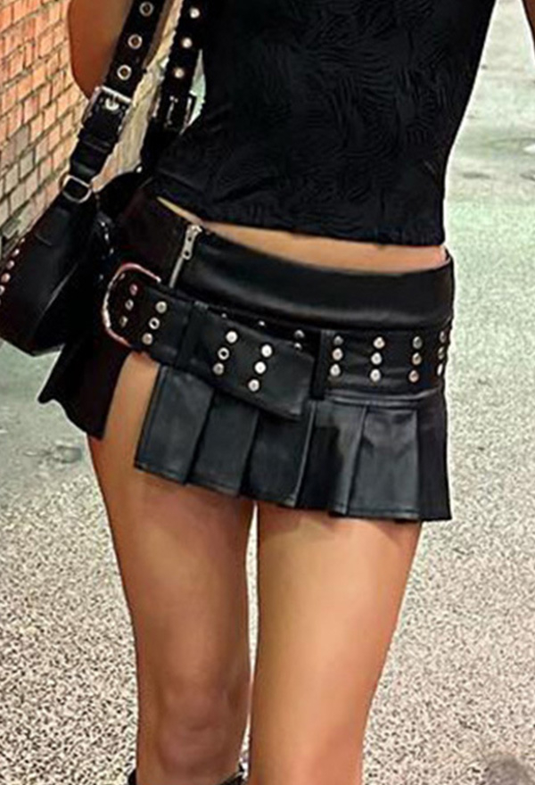 Gothic Black Low Waist Skirt Sexy Wide Rivet Belt Side Split Half Skirt