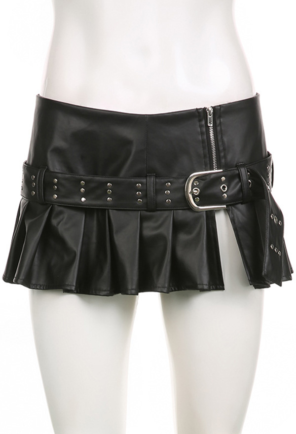 Gothic Black Low Waist Skirt Sexy Wide Rivet Belt Side Split Half Skirt