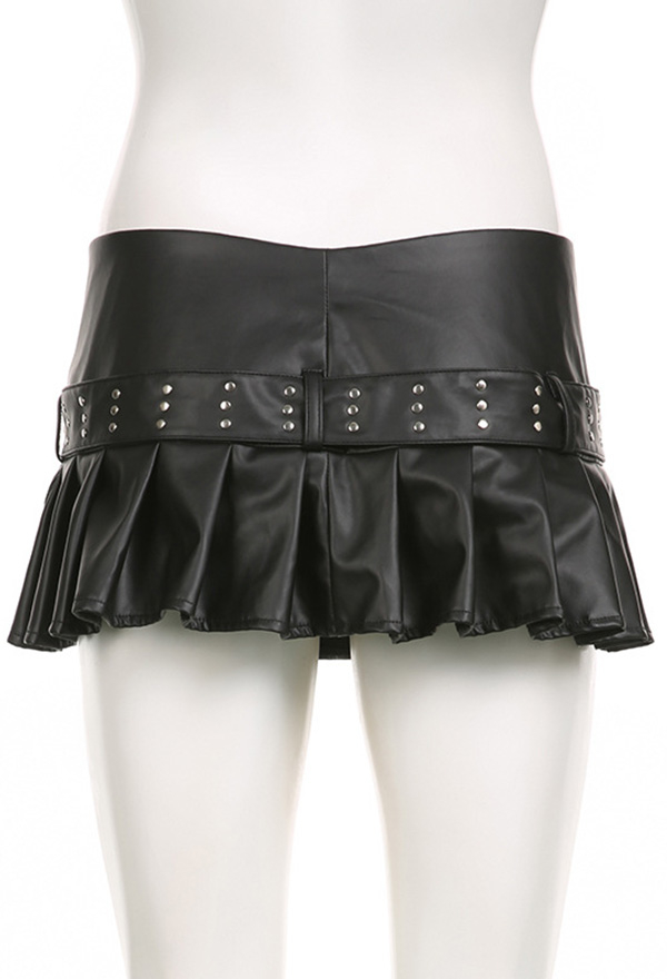 Gothic Black Low Waist Skirt Sexy Wide Rivet Belt Side Split Half Skirt