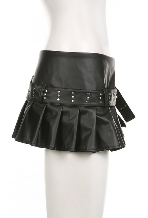 Gothic Black Low Waist Skirt Sexy Wide Rivet Belt Side Split Half Skirt